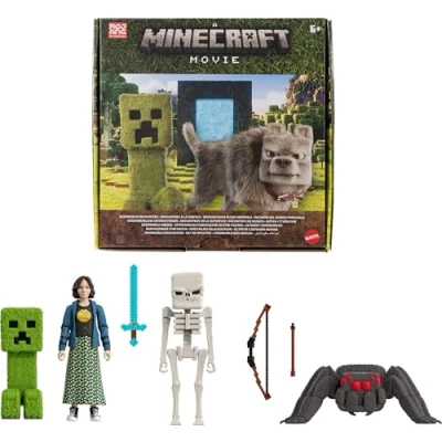 Bild av Mattel Minecraft berättelseset med 4 actionfigurer och 3 tillbehör, Möten i ytvärlden paket inspirerat av A Movie, samlarleksak, JFR70