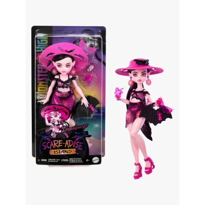 Bild av Monster High Scare adise Island Draculaura docka med baddräkt, sarong och strandtillbehör som hatt, solskydd bärväska
