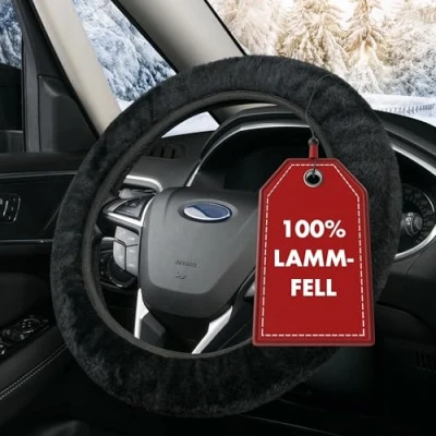 Bild av WALSER lammskinn, rattmuff bil, 100 % rattskydd, päls, rattöverdrag, bil vintertillbehör, rattskydd vinter, rattvärmare svart
