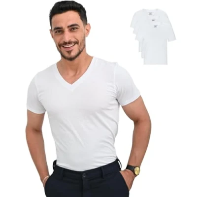 Bild av SKIPPER 3 pack basic t shirts för män V ringad undertröja vit 100 % bomull högkvalitativa mjuka kortärmade affärsundertröjor hals Oeko TEX certifierad, Vit, S