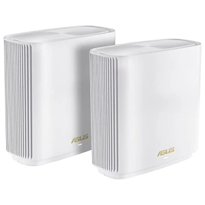 Bild av ASUS ZenWiFi XT9 AX7800 uppsättning med 2 vita kombinerbara router (thhering som 4G och 5G ersättning, Whole Home Tri band AI Mesh WiFi 6 system, 2,5 G port, täckning på upp till 530 kvm