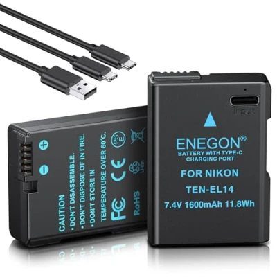 Bild av ENEGON EN EL14 USB C direktladdningsbara ersättningsbatterier 1600 mAh (dubbelpack) för Nikon batteri EL14/EN EL14a, kompatibel med D5300, D5600, D5100, D5200, D3100, D3200, D3300, D3400