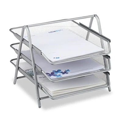 Bild av Relaxdays metallbrevfack 3 fack, Mesh Design skrivbordsfack för A4 dokument, silver, 35,5 x 29,5 27 cm