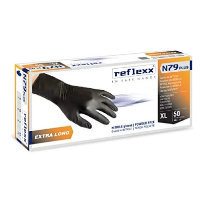 Bild av REFLEXX n79p/M extra långa, 30 cm, puderfria nitril handskar storlek 7,7, Medium, svart (50 stycken)