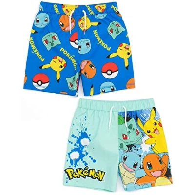 Bild av Pokemon Badshorts 2 pack för pojkar Barn Blå Ekorre Pikachu Charmander Bulbasaur Badbyxor Trunkar Gamer Badkläder Gåvor