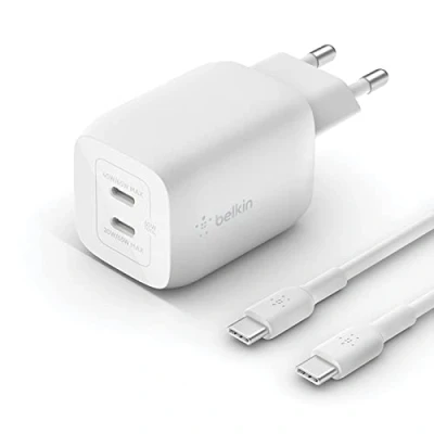 Bild av Belkin 65 W dubbel USB Type C väggladdare, till kabel medföljer, snabbladdande Power Delivery 3.0 med GaN teknik, laddare för iPhone 15, iPad Pro, MacBook, Galaxy S24, Pixel och fler
