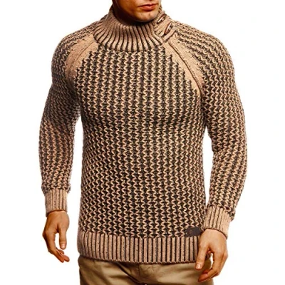 Bild av Leif Nelson herr stickad tröja polotröja slim fit för vinter sommar modern svart vintertröja långärmad basic huvtröja skjorta LN5295, braun ecru, L