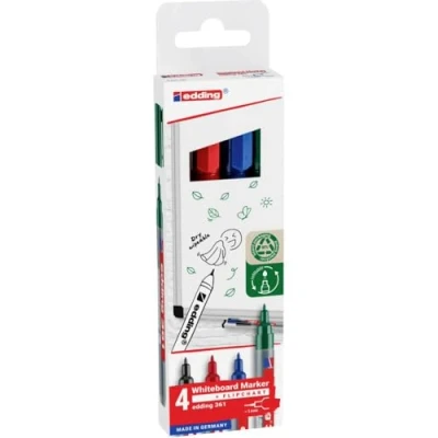 Bild av edding 361 whiteboardmarker set flera färger 4 whiteboardpennor rund spets 1 mm torkas bort utan vatten för whiteboard, blädderblock, anslagstavla, memo tavla sketcher går att fylla på