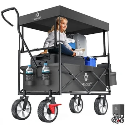 Bild av KESSER® Hopfällbar rullvagn, vikbar med tak, handvagn, transportkärra, utrustningsvagn inkl. 2 nätfickor, skydd och en ytterficka framhjulsbroms gummidäck upp till 100 kg