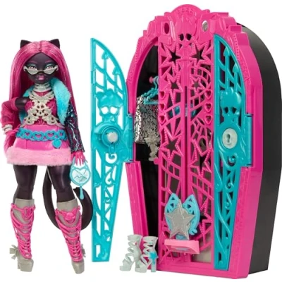 Bild av Monster High Skulltimate Secrets set med docka och tillbehör, Hauntlywood Mysteries Catty Noir öppningsbar garderob mer än 19 glamorösa överraskningar, som dockkläder, JBG82