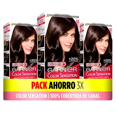 Bild av Garnier färgsensation 3 pack: levande och hållbar färg, full täckning av grått hår, enkel applicering med skål pensel, mjukt silkeslent 3,0 mörkbrun