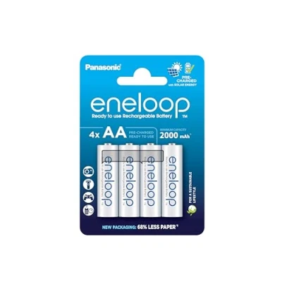 Bild av Panasonic eneloop, Ready to Use Ni MH batterier, AA/Mignon, 4 pack, förbättrad kapacitet på min. 2 000 mAh, 100 laddningscykler, uppladdningsbara batterier i plastfri förpackning