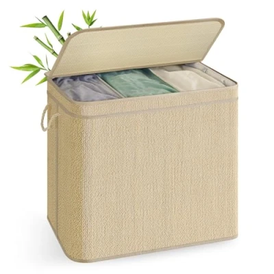 Bild av SONGMICS 3 facks tvättkorg i bambu, smutsiga kläder, 170 liter, avtagbar och maskintvättbar påse, lock, handtag, tvättstuga, sovrum, vardagsrum, naturlig färg LCB069Y01