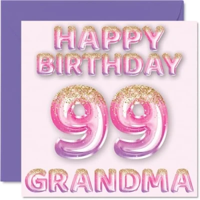 Bild av 99:e födelsedagskort för mormor rosa och lila glitterballonger grattis på 99 år gammal från barnbarn, 145 mm x födelsedag gratulationskort present