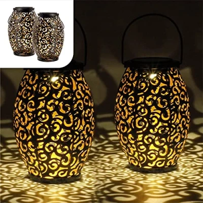 Bild av Gadgy solcellslykta för utomhusbruk 2 pack orientaliska trädgårdslyktor i metall IP44 vattentät 21,5 x 15 cm stå eller hängande lampa