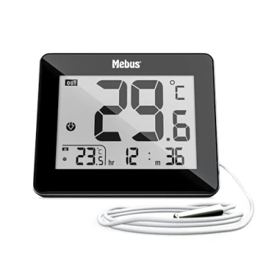 Bild av MEBUS digitales Thermometer Innen und Außen mit kabelgebundenem Außensensor, Uhrzeit, Min/Max Werte, Farbe: Schwarz, Modell: 48432