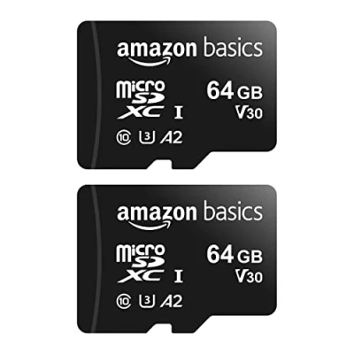Bild av Amazon Basics Micro SDXC minneskort med fullstor adapter, A2, U3, läshastighet upp till 100 MB/s, 64 GB (2 pack), svart