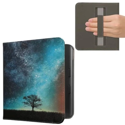 Bild av kwmobile Fällbart fodral kompatibelt med Kobo Libra Colour/Tolino Vision Color Flipfodral för eReader handledsrem galax träd äng blå grå svart