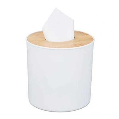 Bild av Relaxdays Kosmetikadukslåda med bambulock, badrum, modern design, plastbehållare, H x D: 12,5 13,5 cm, vit/natur