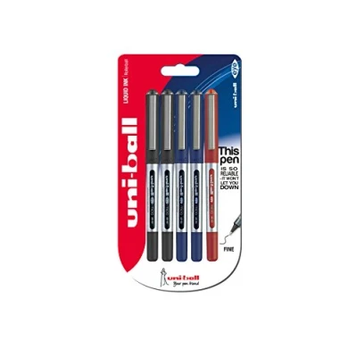 Bild av Uni ball UB 150 Eye Micro Rollerball pennor, svart/blå/röd Super bläck, .5 mm spets, paket med 5