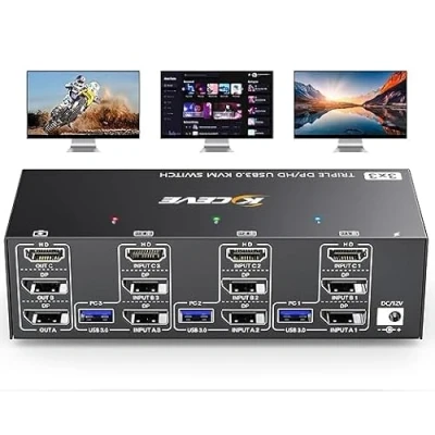 Bild av HDMI+2 Displayport KVM Switch 3 Skärmar Datorer 8K@60Hz 4K@144Hz, MLEEDA Att Dela Bildskärmar och 4 USB 3.0 Enheter med 12V Ström, Trådbunden Fjärrkontroll Kablar