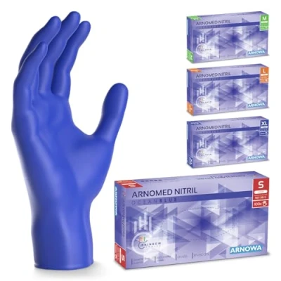 Bild av ARNOMED engångshandskar mörkblå, nitrilhandskar S, med 100 st/box, puderfria, latexfria gummihandskar, finns i M, L &amp; XL