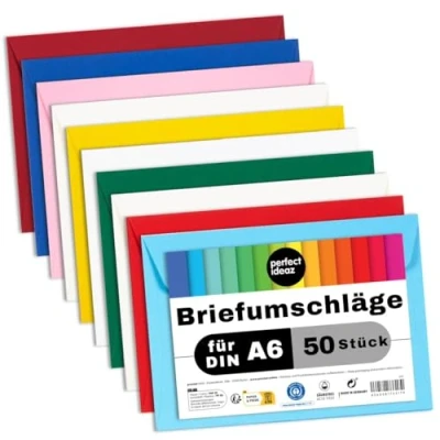 Bild av perfect ideaz 50 färgade kuvert 11,4 x 16,1 cm (C6), av återvinningsmaterial, utan fönster, hållbar produktion i Tyskland, 10 olika färger, set med påskrift, fuktas för försegling