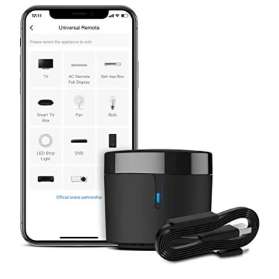 Bild av BroadLink RM4 mini smart fjärrkontroll och sensorkabel set S, universell IR fjärrkontrollnav med temperaturfuktighetsmätare USB kabel, kompatibel Alexa, Google Home, IFTTT