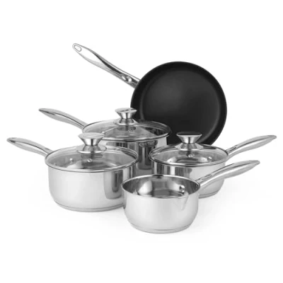 Bild av Russell Hobbs BW06572 5 delar grytset klassisk kollektion 14/16/18/20/24 cm, rostfritt stål, non stick, lämplig för induktion, gas och elektriska spisar, inkluderar lock i härdat glas, års garanti