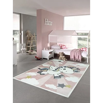 Bild av CARPETIA Barnmatta, lekmatta, babymatta, flicka, enhörning, regnbåge, rosa, grädde, storlek 80 cm rund
