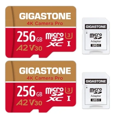 Bild av [5 år gratis dataåterställning] Gigastone minneskort 256 GB set med 2 kort, 4K Pro kamera, kompatibel GoPro Switch, hastighet 100 MB/s. A2 U3 V30 Micro SDXC kort SD adapter.