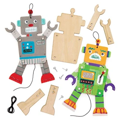 Bild av Baker Ross Hantverksset träfigurer &quot;robot&quot; (4 stycken) rörlig docka med rörliga armar och ben för barn att designa