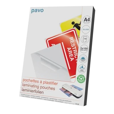 Bild av Pavo Lamineringspåse/laminerande påsar A4 2x100 mikron (200mikron) glans(paket med 100 ark), 8005376
