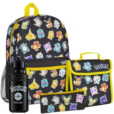 Bild av Pokemon Barnryggsäck 4 delat uppsättning skolmaterial Ryggsäck isolerad matlåda Barn pennfodral BPA fri 500 ml vattenflaska Pikachu tillbaka till skolan presenter för pojkar (svart/multi)