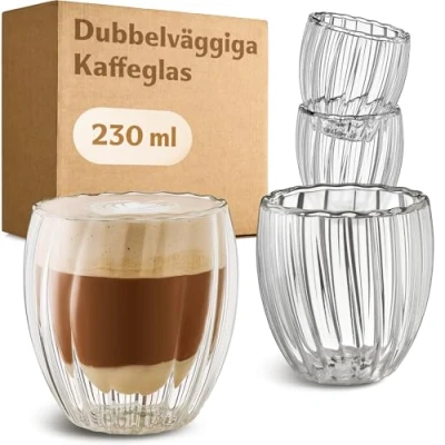 Bild av Cosumy Cappuccinokoppset Dubbelväggigt Glas 230ml 4 st med handtag Värmeisolerande Floating effekt Räfflad design Värmetålig Diskmaskinssäker