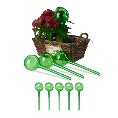 Bild av Relaxdays Bevattningskulor, set om 9, H x D: 28 8 cm, törstkulor för växter, 250 ml vardera, plast, vattenboll, grön