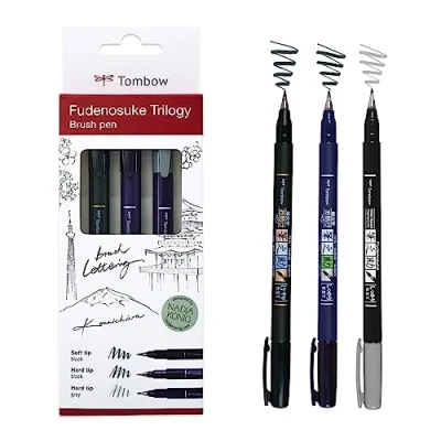 Bild av Tombow Fudenosuke Trilogi set, innehåll: 3 Fudenosukes hård spets, mjuk och grå, för kalligrafi, bokstäver, skissning, WS BHS 3P