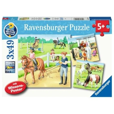 Bild av Ravensburger Barnens Pussel 05129 en dag på hästgården 3 x 49 delar Wieso? Varför Varför? för barn från 5 år