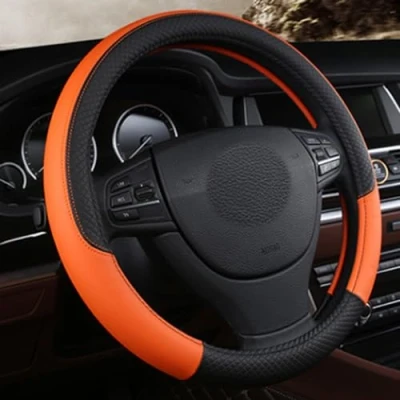 Bild av Mikrofiber läder rattskydd vågig linje skarv x sömmönster orange
