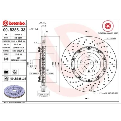 Bild av BREMBO 09.B386.33 disque de frein 390 32,6 5 en deux parties, percé/revêtement int. revêtu à haute teneur carbone NISSAN: GT R