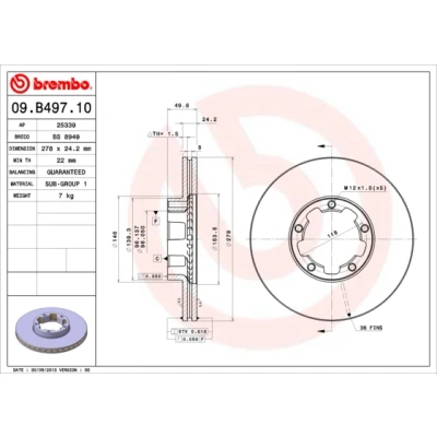 Bild av BREMBO 09.B497.10 Disque de frein 278 24,2 5 ventilé l&#039;intérieur NISSAN: Cabstar E Сamion à Plateau / Сhâssis