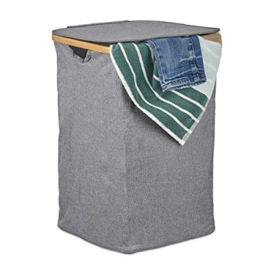Bild av Relaxdays tvättkorg med lock, vikbar klädkorg, bambu och tyg, fyrkantig, bärbar, 42 liter, grå, polyester, en artikel