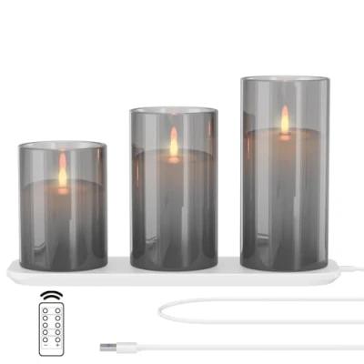 Bild av EXTSUD LED flamlösa ljus flimmer med laddningsstation och fjärrkontroll timerfunktion, uppsättning av 3 glas uppladdningsbar flamma levande romantisk värmeljus dekoration vardagsrum