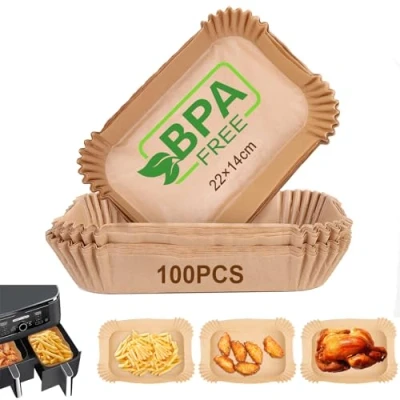 Bild av AiQInu bakplåtspapper för varmluftsfritös med dubbelkammare, 100 stycken 22 x 14 cm BPA fritt rektangulärt airfryer bakpapper non stick engångs vattentät oljebeständigt liner