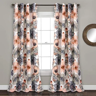 Bild av Frodig dekor Leah blommig isolerad öljetter, polyester, korall och grå, 132 cm B x 241 L