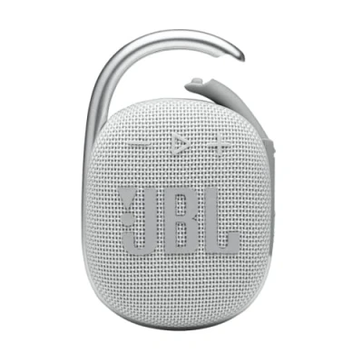Bild av JBL Clip 4, vit bärbar Bluetooth 5.1 högtalare upp till 10 timmars speltid vattentät och dammbeständig inkluderar buller eko reducerande högtalartelefon