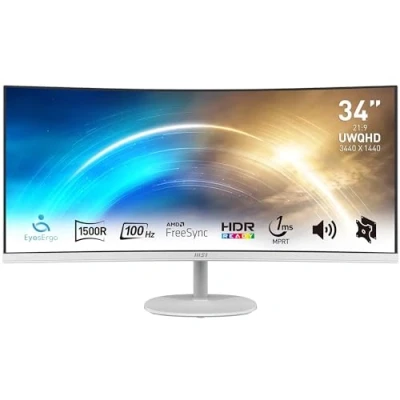 Bild av MSI Pro MP341CQW 34 tum böjd skrivbordsskärm UWQHD 1500R VA panel, 3 440 x 1 440, 100 Hz, ögonkomfort, 000:1 kontrast, 21:9, inbyggda högtalare, DP 1.2a, HDMI 2.0b vit
