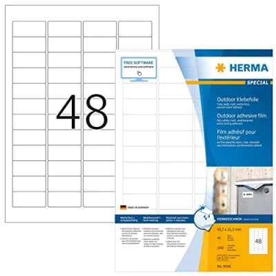 Bild av HERMA 9536 väderbeständiga folieetiketter A4 (45,7 x 21,2 mm, 40 ark, polyeten, matt) självhäftande, utskrivbara, extremt stark häftande utomhus filmetiketter, 1 920 klistermärken, vit