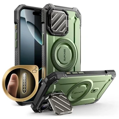 Bild av SUPCASE Fodral för iPhone 16 Pro Max 2024 med Kamerahölje (UBMag XT), [MagSafe kompatibel] [Inbyggt Stativ] Slitstarkt Magnetfodral (Grön)