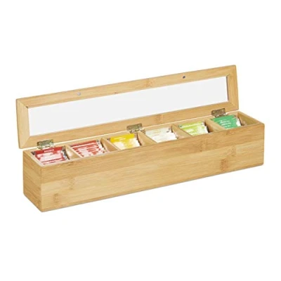 Bild av Relaxdays 10031460 tebox bambu, 6 fack, 72 tepåsar, fällbart lock, aromskydd, avlång telåda, HBT: 9 x 44 cm, natur